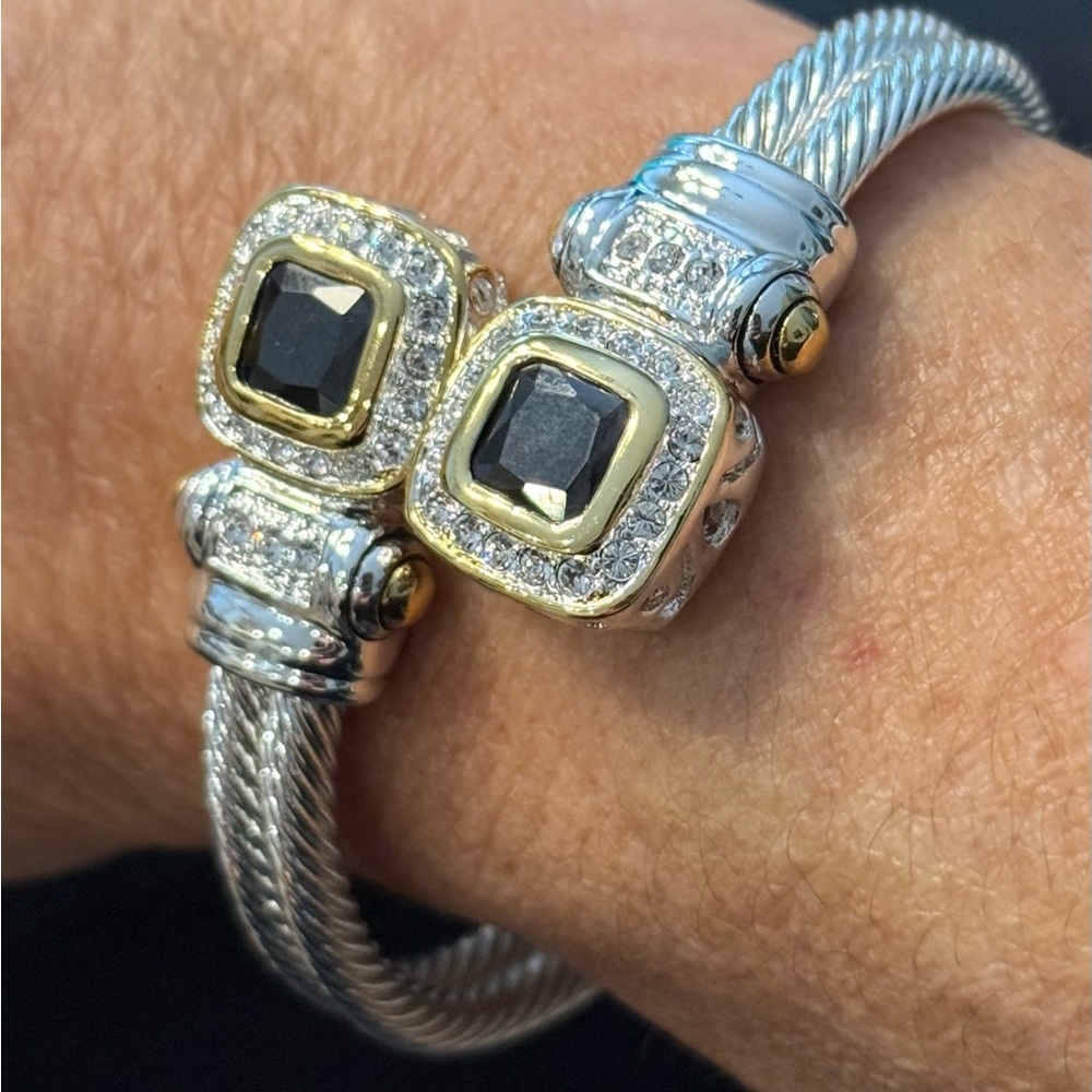 White gold plated stainless designer bangle black stones & sparkling zirconia.